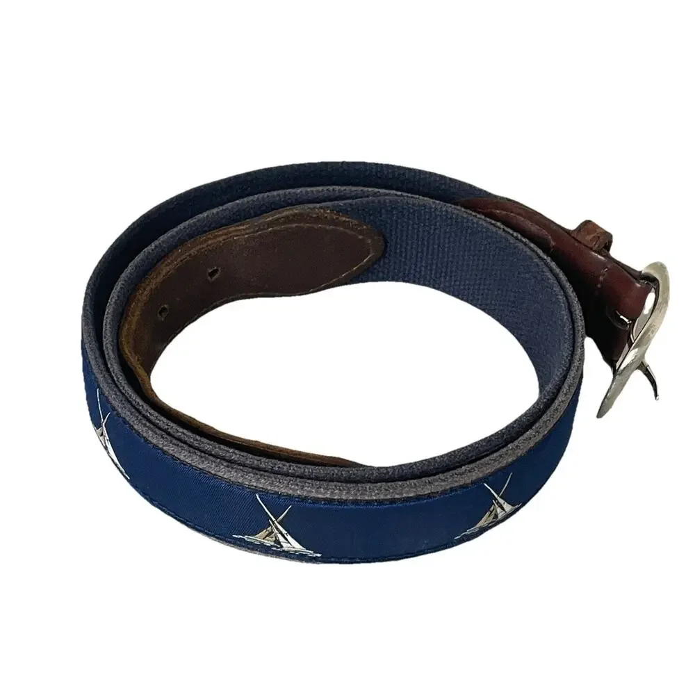 Belted Cow Co Nautical Sailboat Ribbon Club Belt Mens 44 Leather Preppy Yacht